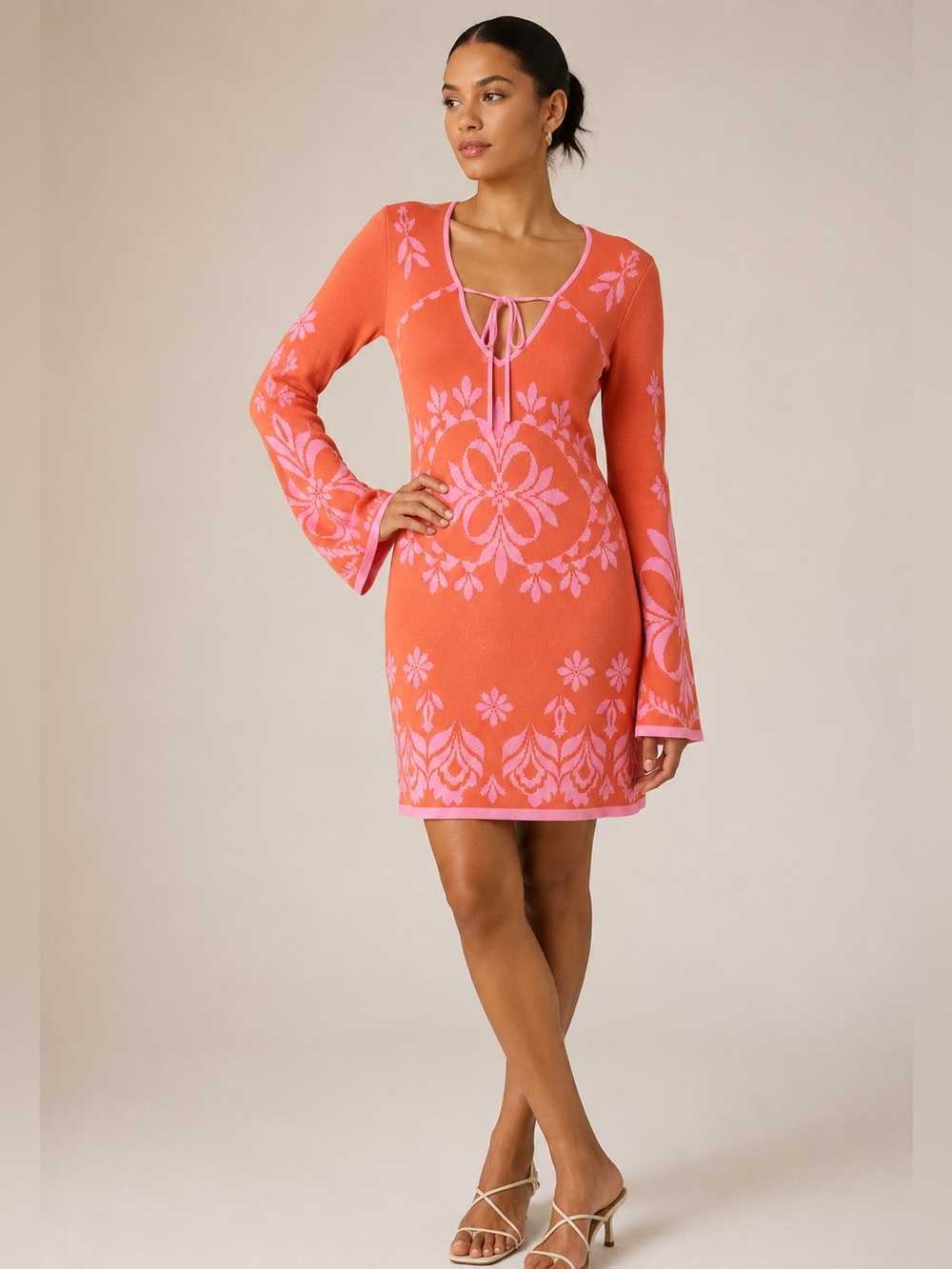 MISA Los Angeles Sahar Knit Mini Dress Pink Coral Jacquard Bell Sleeve Medium